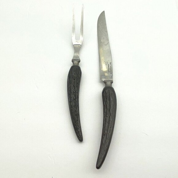 Vintage Cattaraugus Vanadium Knife And‎ Fork Stag Black Handle Carving Set Retro - Picture 1 of 11